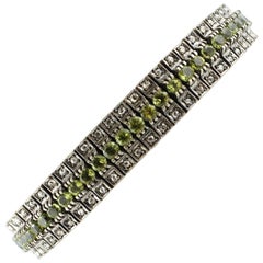 Green Peridot Rose Cut Diamonds Rose Gold and Silver Semi-Rigid Bracelet