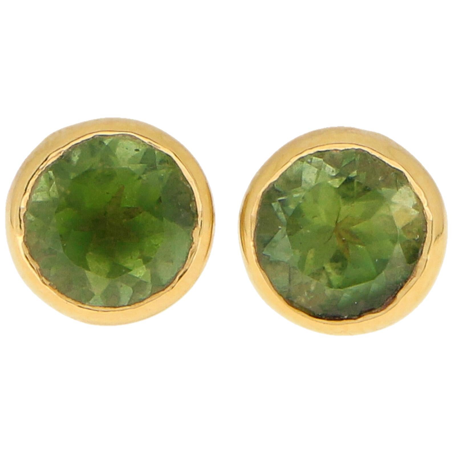 Green Peridot Stud Earrings Set in 18 Karat Yellow Gold
