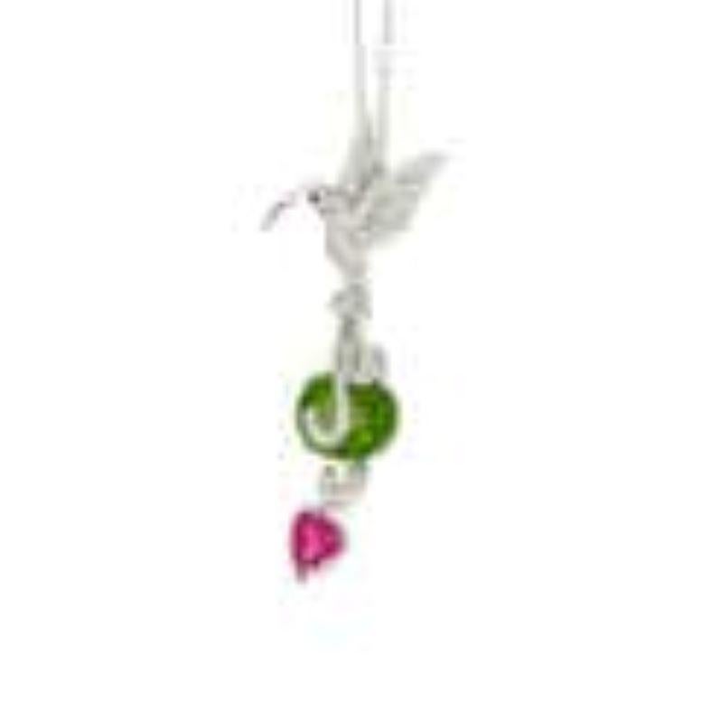 Mixed Cut Green Peridot & Tourmaline Diamond Pave Hummingbird White Gold Pendant Necklace For Sale