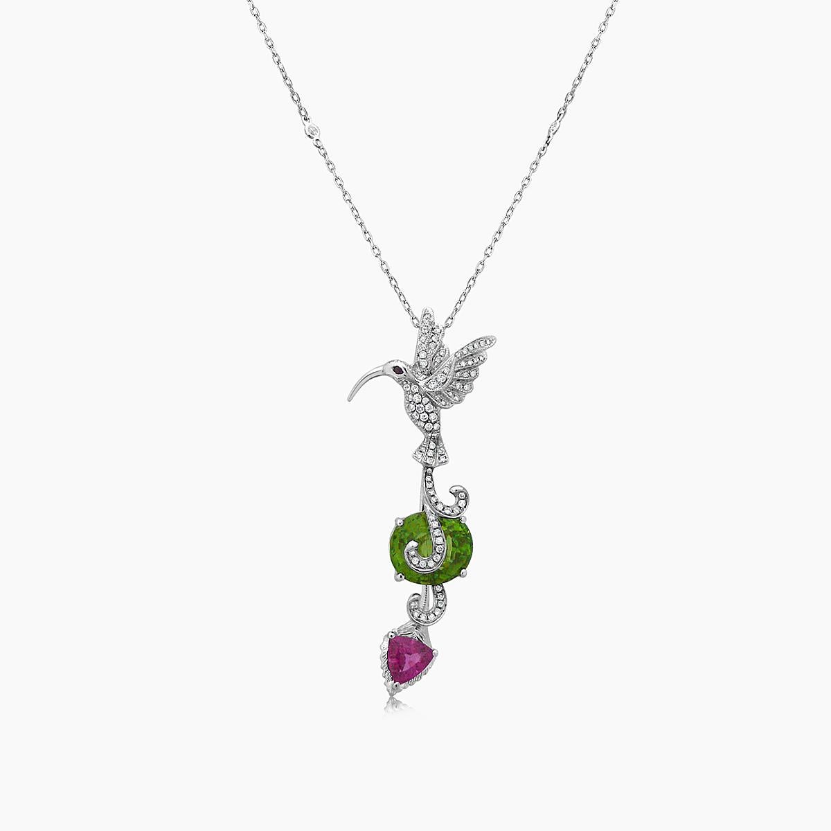Green Peridot & Tourmaline Diamond Pave Hummingbird White Gold Pendant Necklace In New Condition For Sale In Oakton, VA