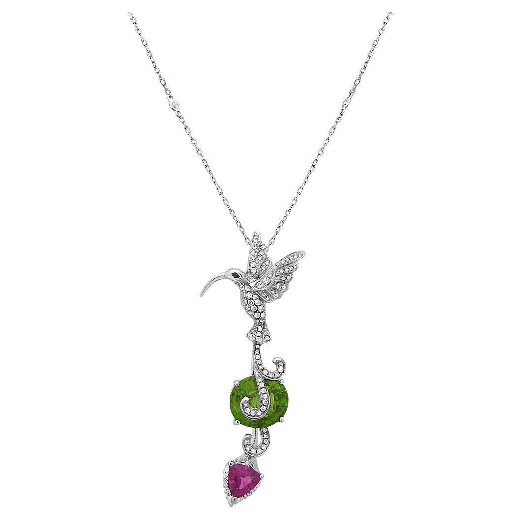 Green Peridot & Tourmaline Diamond Pave Hummingbird White Gold Pendant Necklace