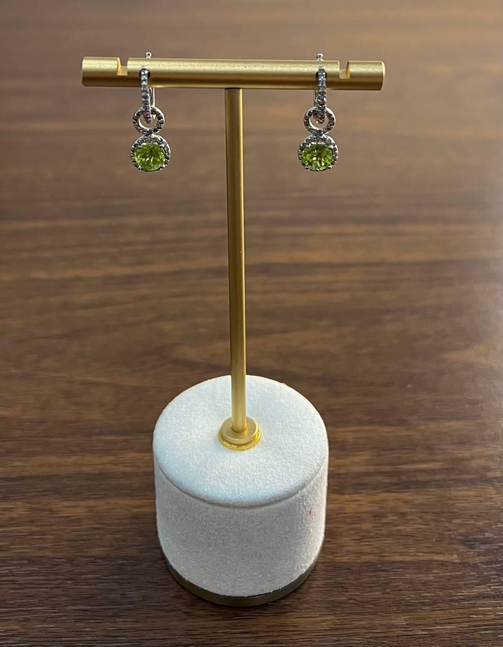 Green Peridot White Diamonds 14K White Gold Statement Huggie Earrings For Sale 4