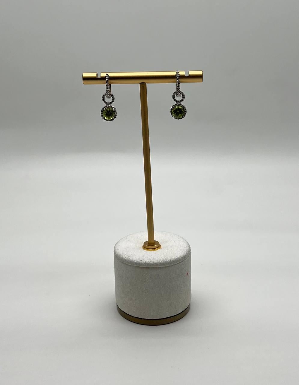 Contemporary Green Peridot White Diamonds 14K White Gold Statement Huggie Earrings For Sale