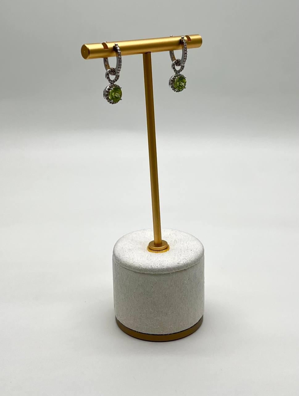 Green Peridot White Diamonds 14K White Gold Statement Huggie Earrings For Sale 1