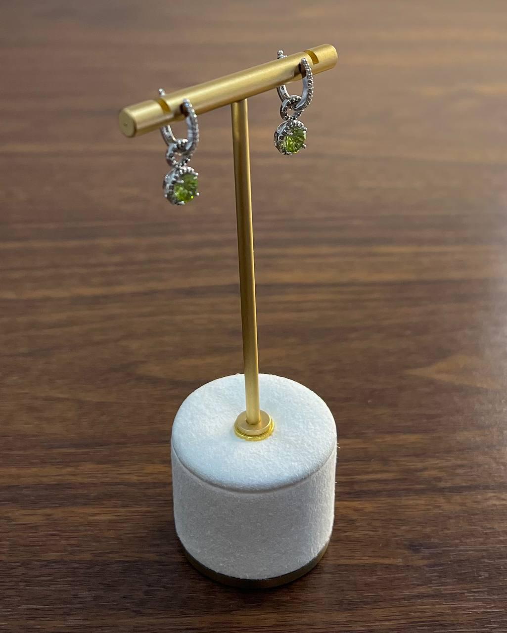 Green Peridot White Diamonds 14K White Gold Statement Huggie Earrings For Sale 2