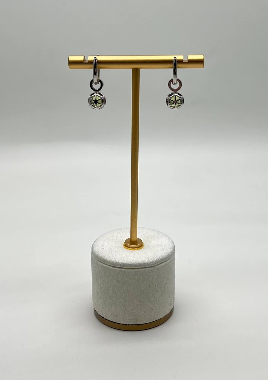 Green Peridot White Diamonds 14K White Gold Statement Huggie Earrings For Sale 3