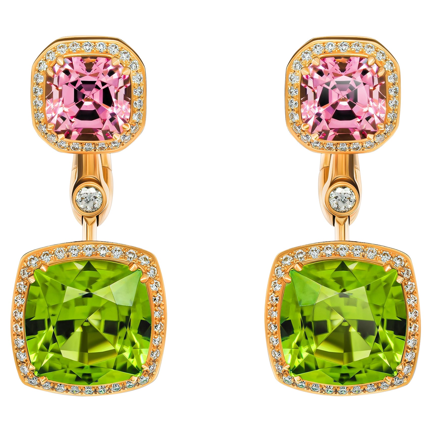 Green Peridots & Pink Spinels Earrings, 18k Yellow Gold Diamonds Earrings For Sale