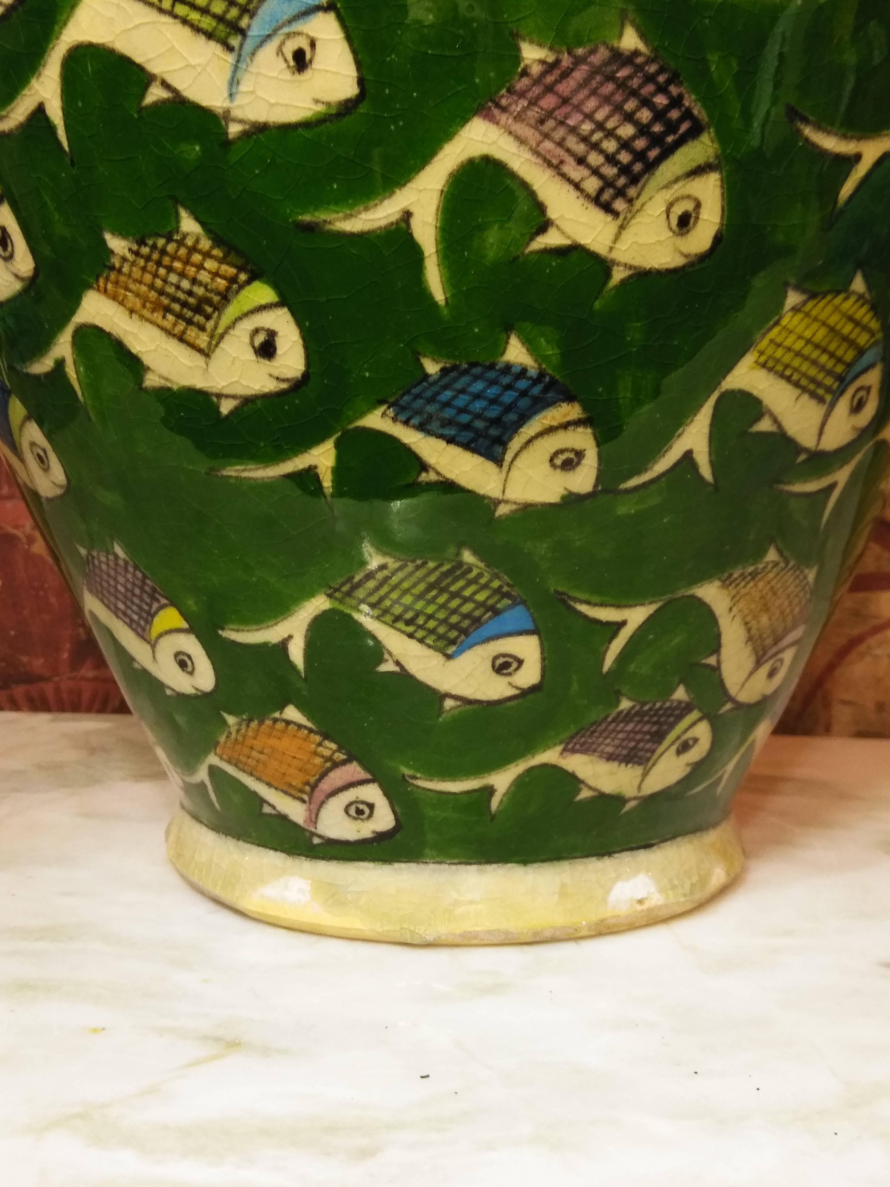 Green Persian Ceramic Fish Vase In Excellent Condition In Delray Beach, FL