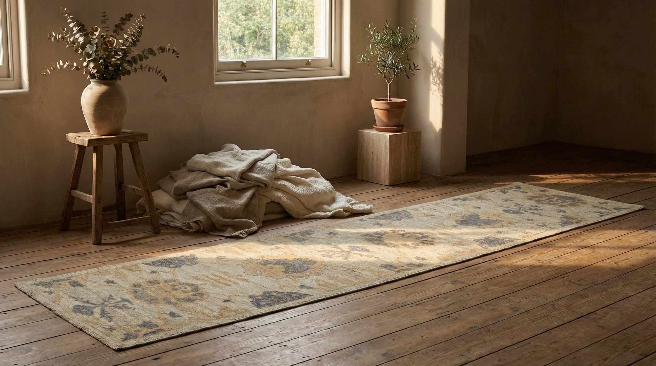 Dieser neue handgeknüpfte persische Oushak-Läufer misst etwa 1,0 m x 4,0 m und gehört damit zur Größenklasse der Galerie-Läufer. Er ist aus Wolle auf einer robusten Baumwollgrundlage gefertigt und bietet eine mittlere Florhöhe, die ein Gleichgewicht