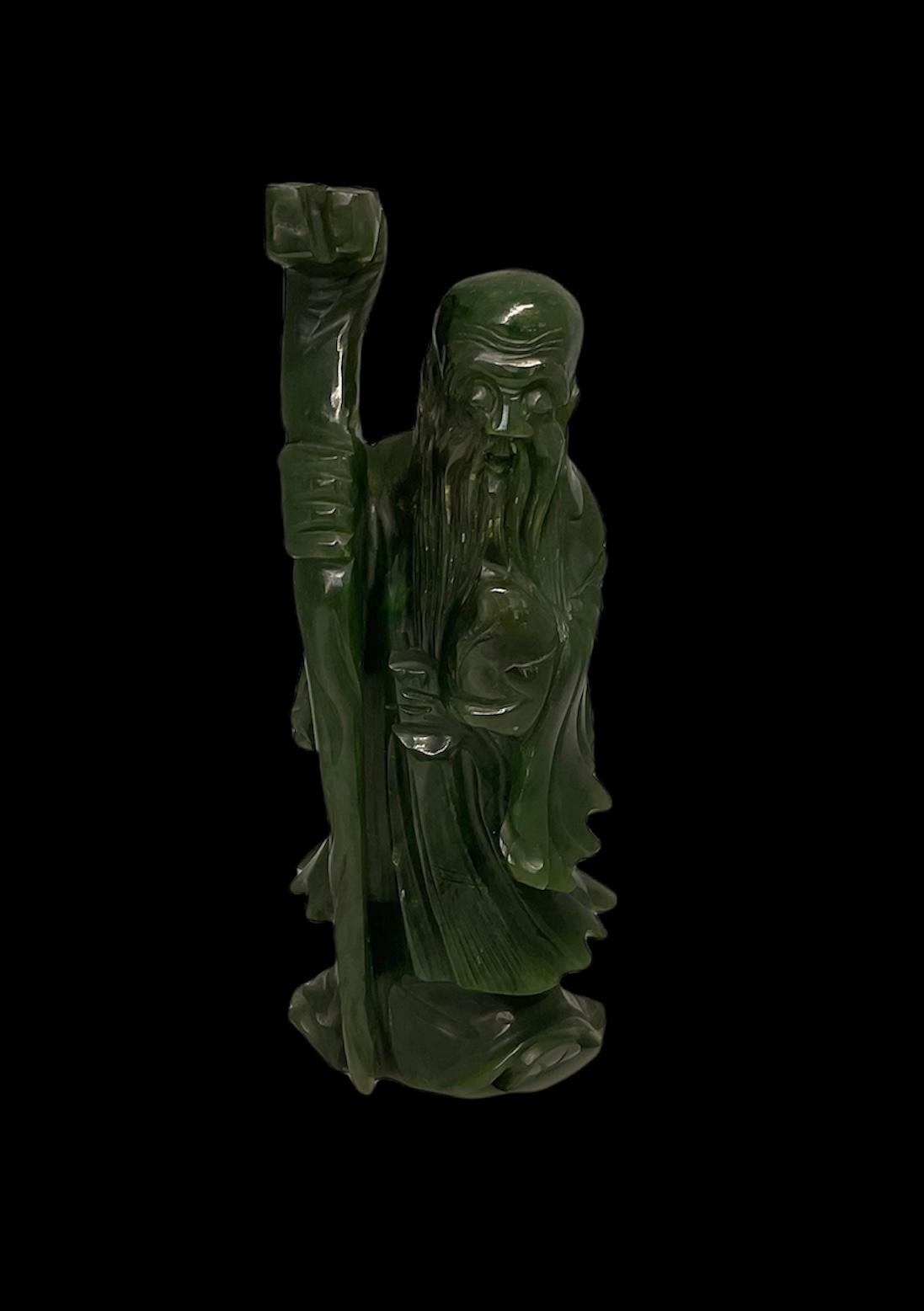 Green Pine Color Jade Hand Carved Small Sculpture/Figurine of Shou-Lao 2
