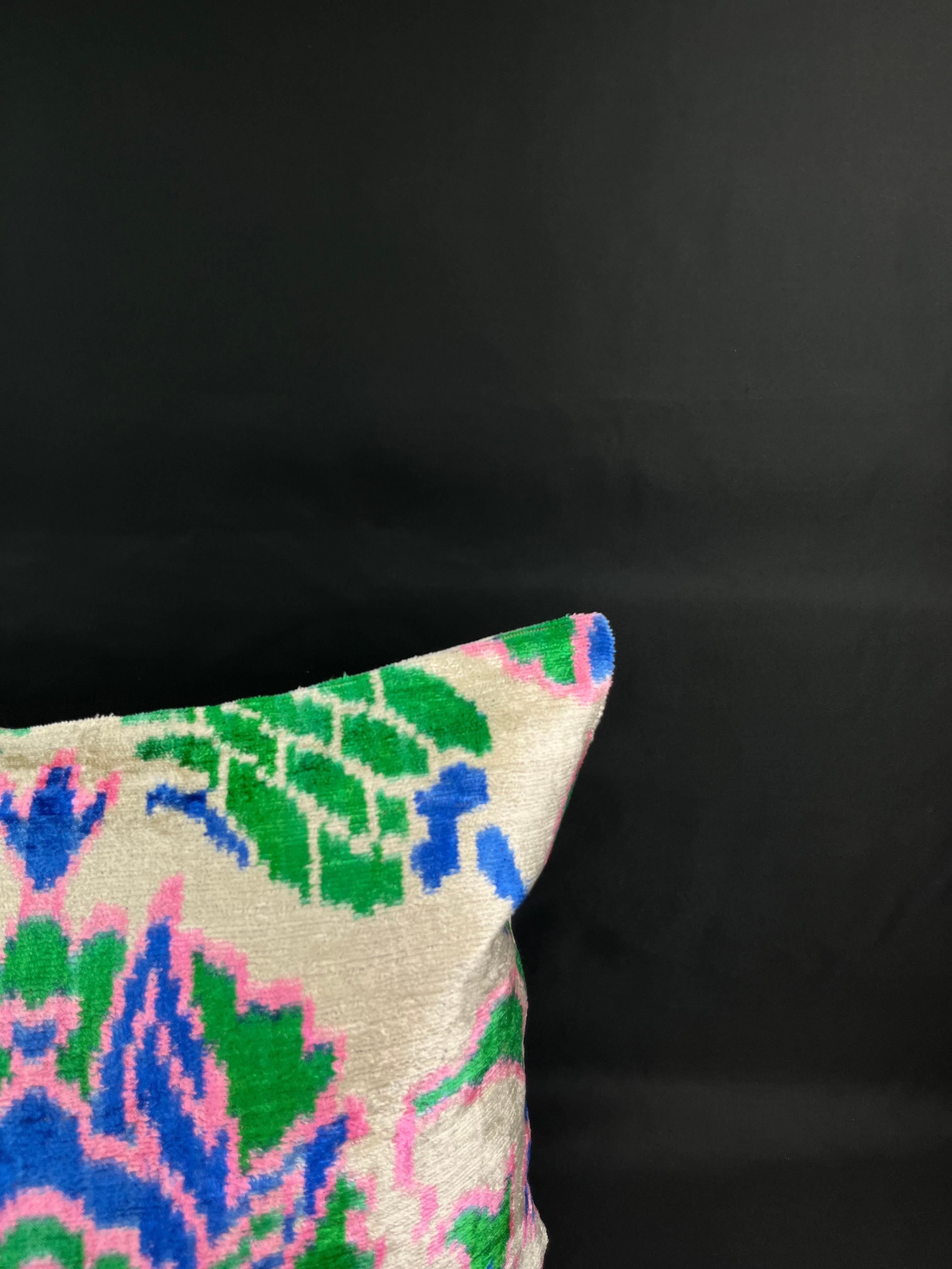 Modern Green, Pink, and Blue Velvet Silk Ikat Pillow Cover