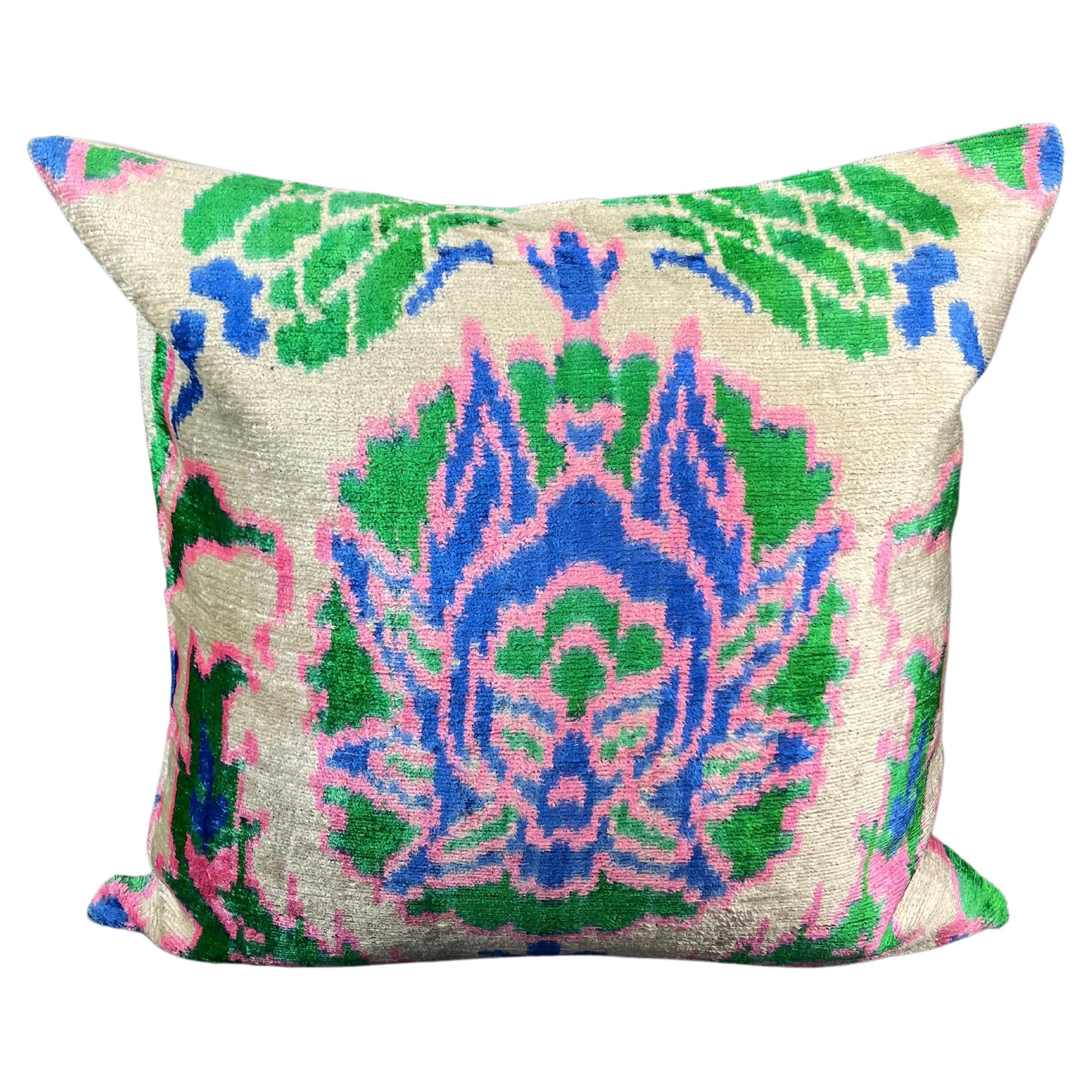 Green, Pink, and Blue Velvet Silk Ikat Pillow Cover