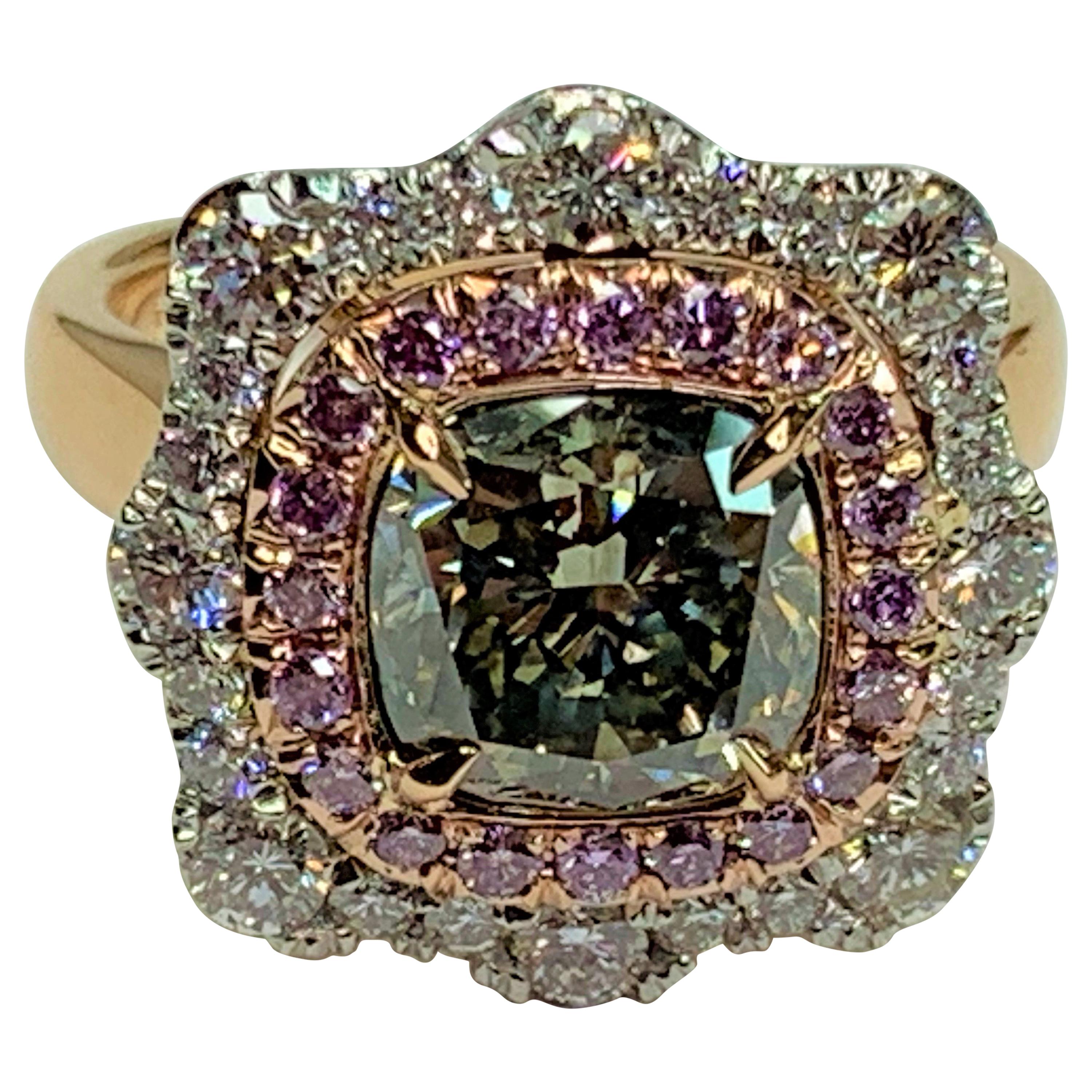 Green, Pink and White Diamonds Set in Platinum and 18 Karat Rose Gold Ring For Sale