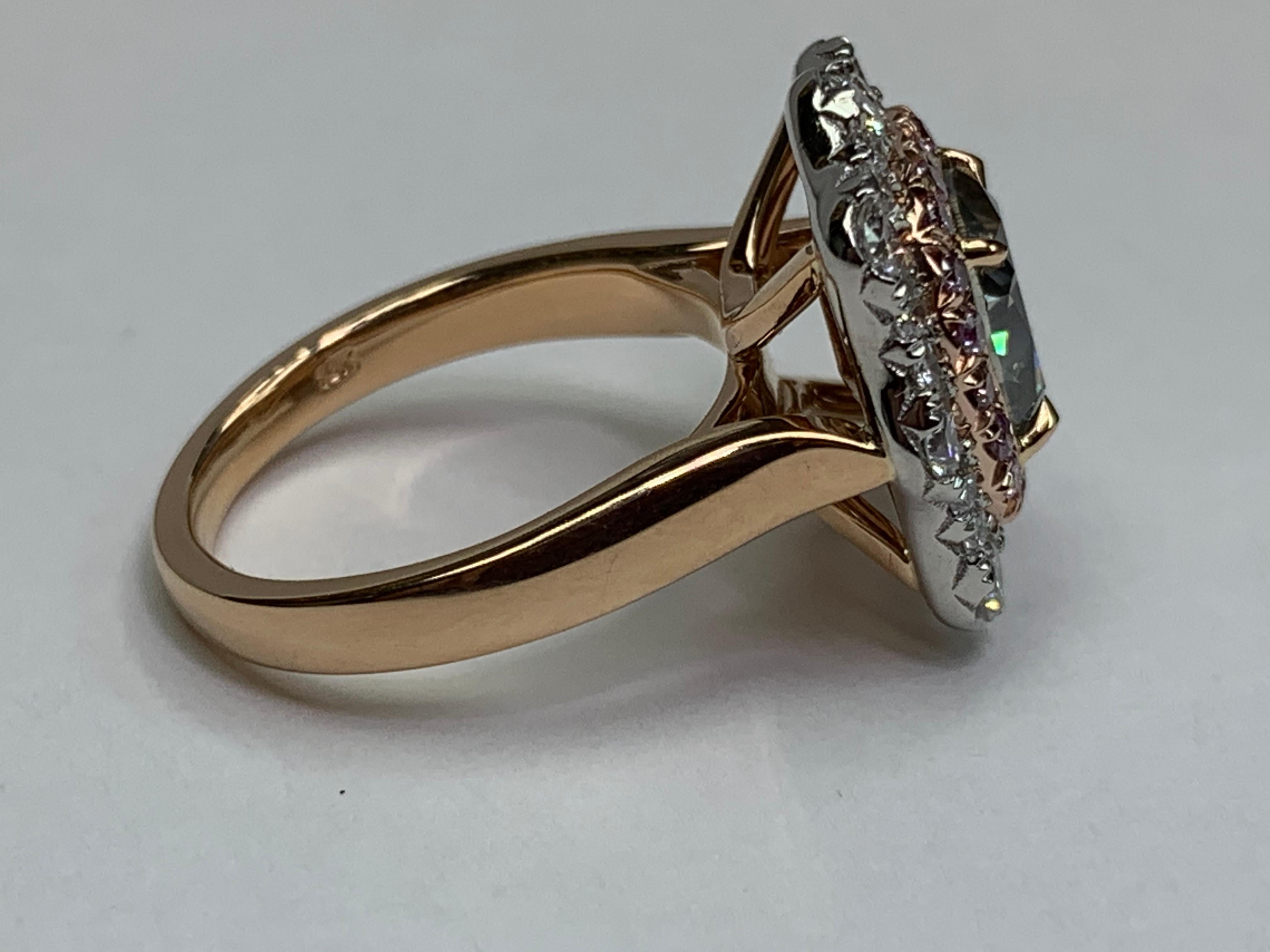 Contemporary Green, Pink and White Diamonds Set in Platinum and 18 Karat Rose Gold Ring For Sale