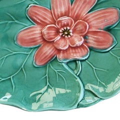 Green Pink Ceramic German Antique Water Lily Majolica Plate, Zell Baden, 1900s