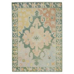 Green & Pink Geometric Design Handwoven Wool Turkish Oushak Rug 4' x 6'