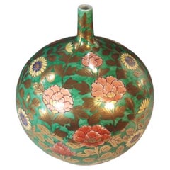 Japanese Contemporary Green Pink Red Gold Porcelain Vase by Master Artist, 2