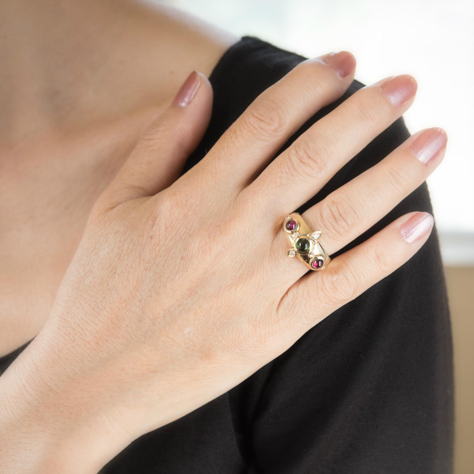 Nachlassschmuck, Vintage 14k Gelbgold Estate Jewelry, Ring mit grünem, rosa Turmalin und Diamant Damen