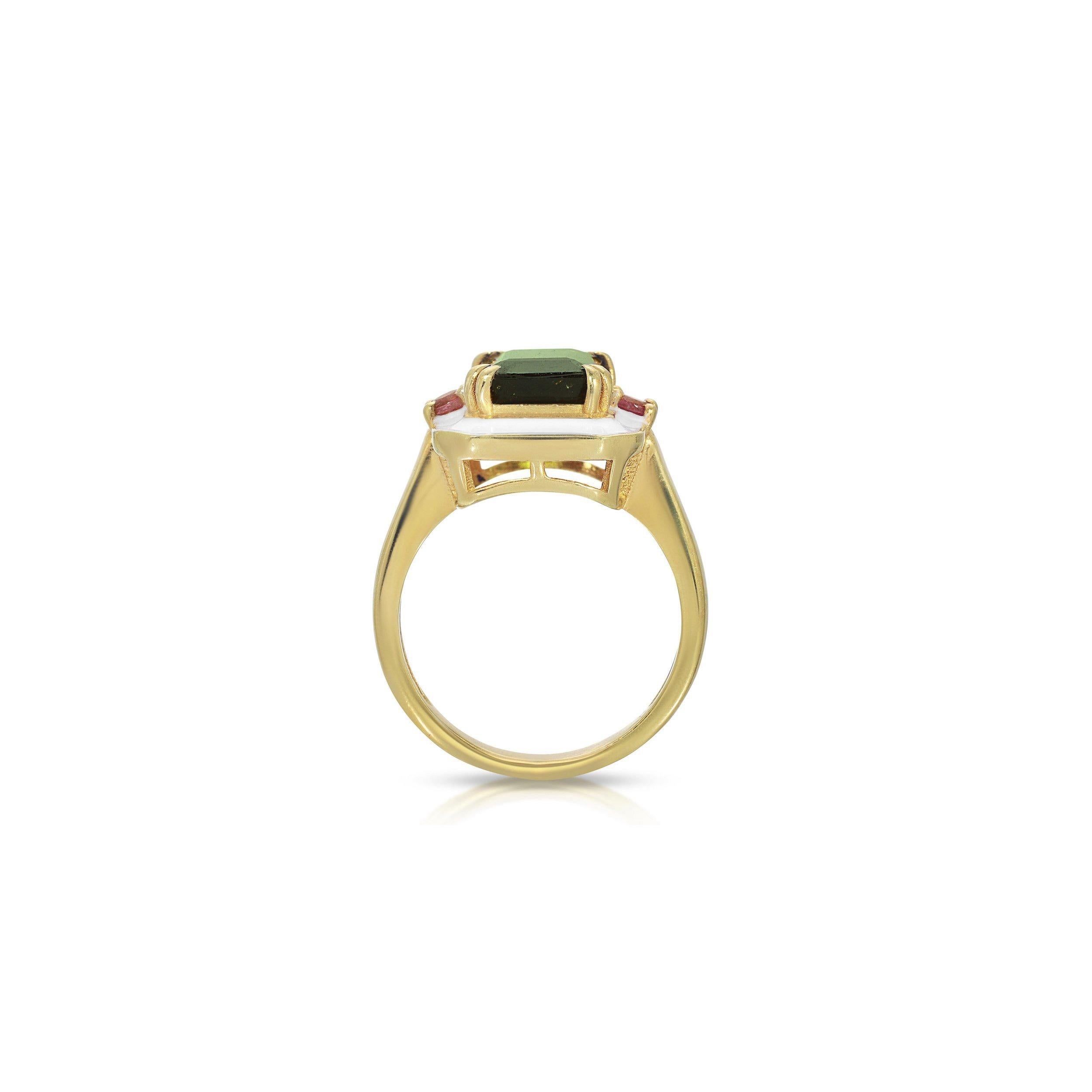 Contemporary Green & Pink Tourmaline Enamel Ring For Sale