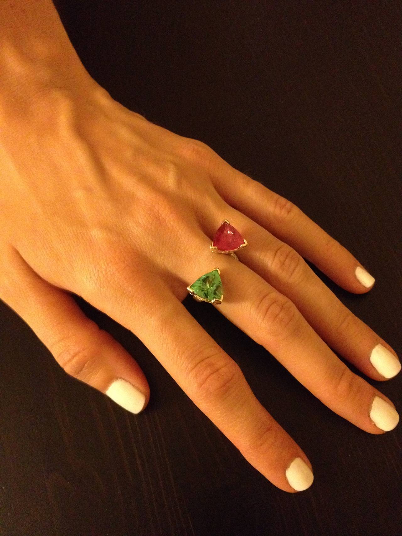 Contemporary Green Pink Tourmaline Ring 6.14 Carat Trillions For Sale