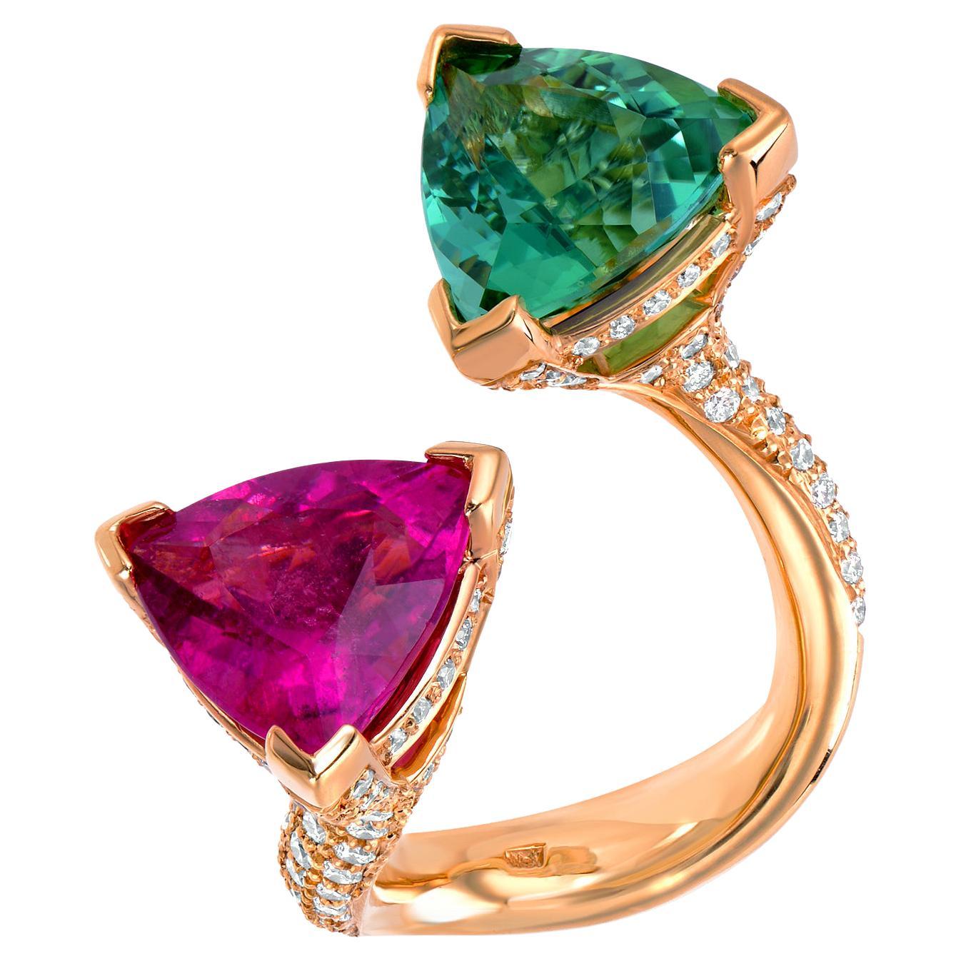Green Pink Tourmaline Ring 6.14 Carat Trillions For Sale