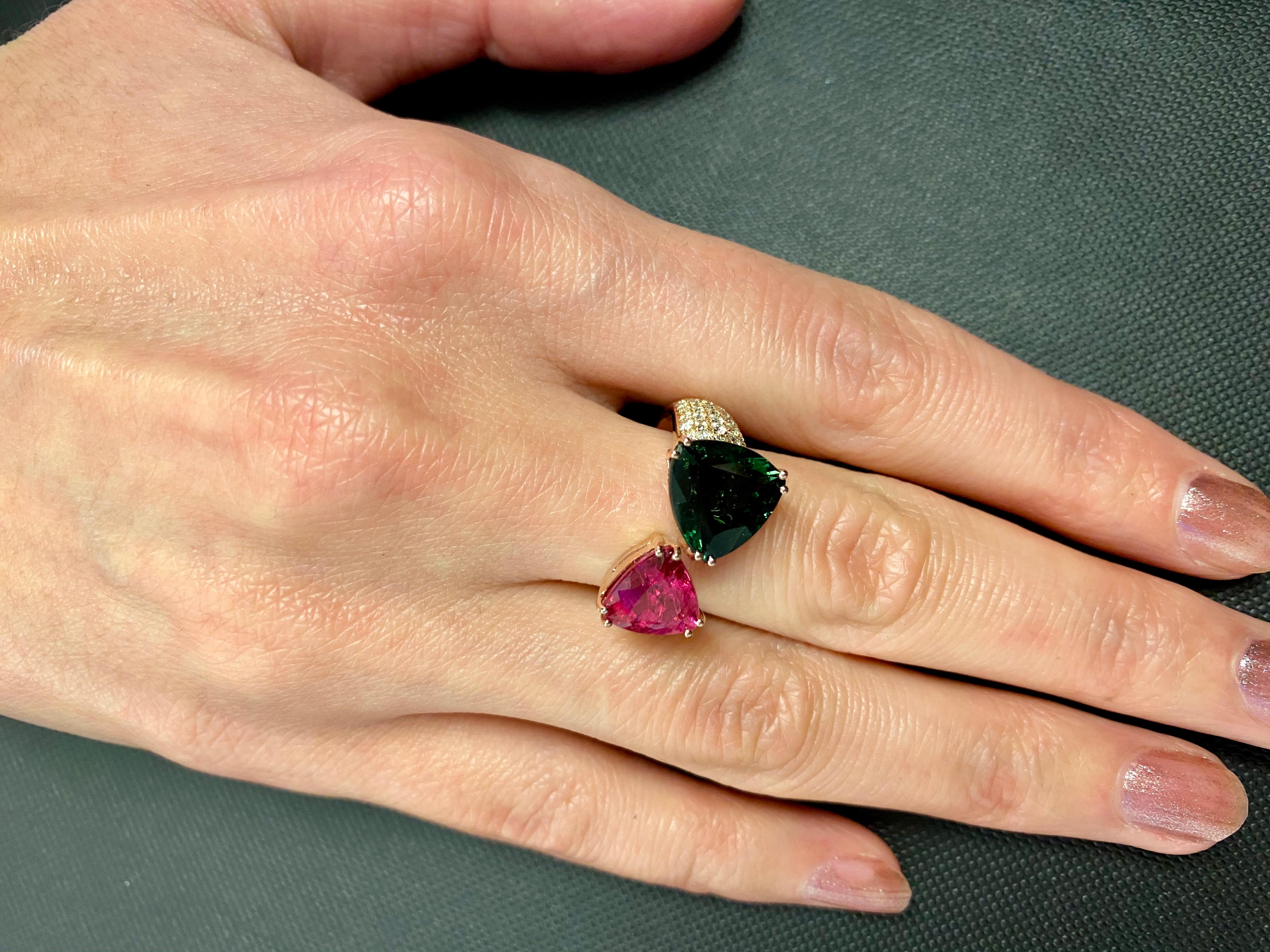 Green Pink Tourmaline Rubellite Diamond Pave Two Stone 18 Karat Rose Gold Ring For Sale 7