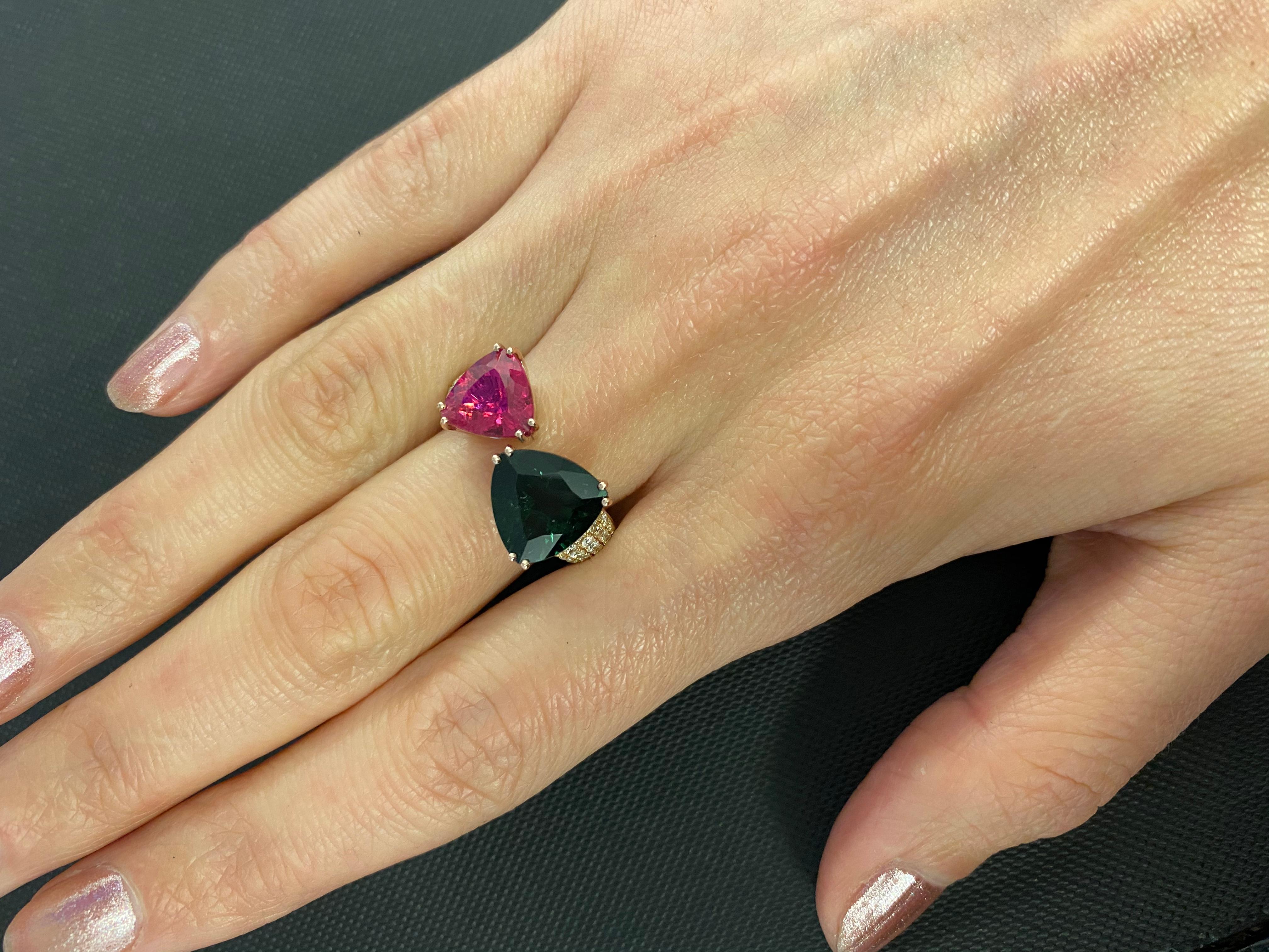 Green Pink Tourmaline Rubellite Diamond Pave Two Stone 18 Karat Rose Gold Ring For Sale 8