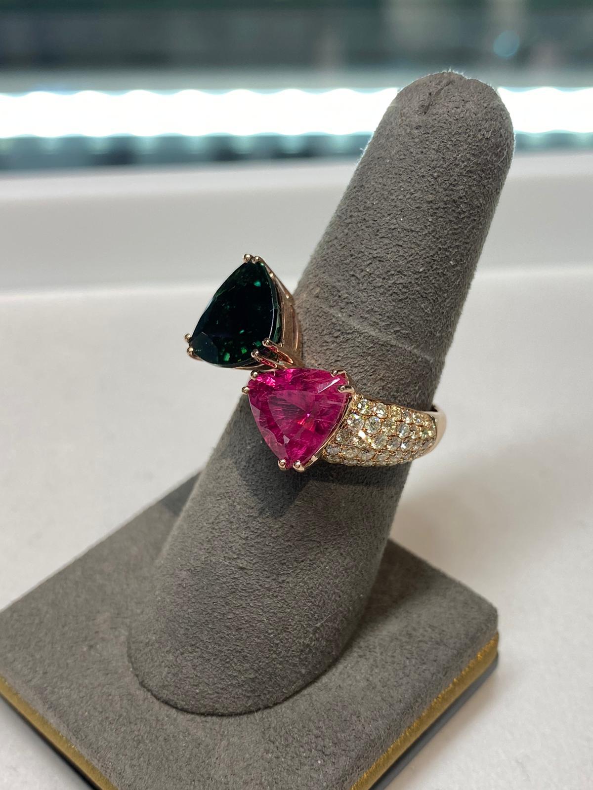 Women's or Men's Green Pink Tourmaline Rubellite Diamond Pave Two Stone 18 Karat Rose Gold Ring For Sale