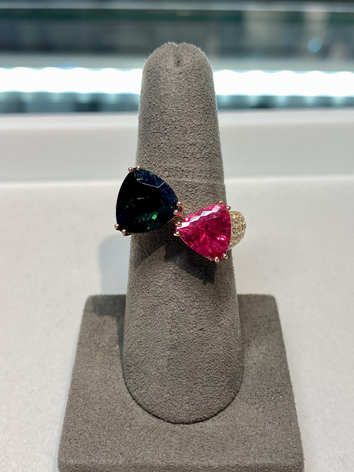 Green Pink Tourmaline Rubellite Diamond Pave Two Stone 18 Karat Rose Gold Ring For Sale 2