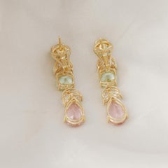 Boucles d'oreilles en tourmaline verte et rose, diamant SI/H, bijoux en or jaune 18 carats