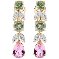 Boucles d'oreilles en tourmaline verte et rose, diamant SI/H, bijoux en or jaune 18 carats