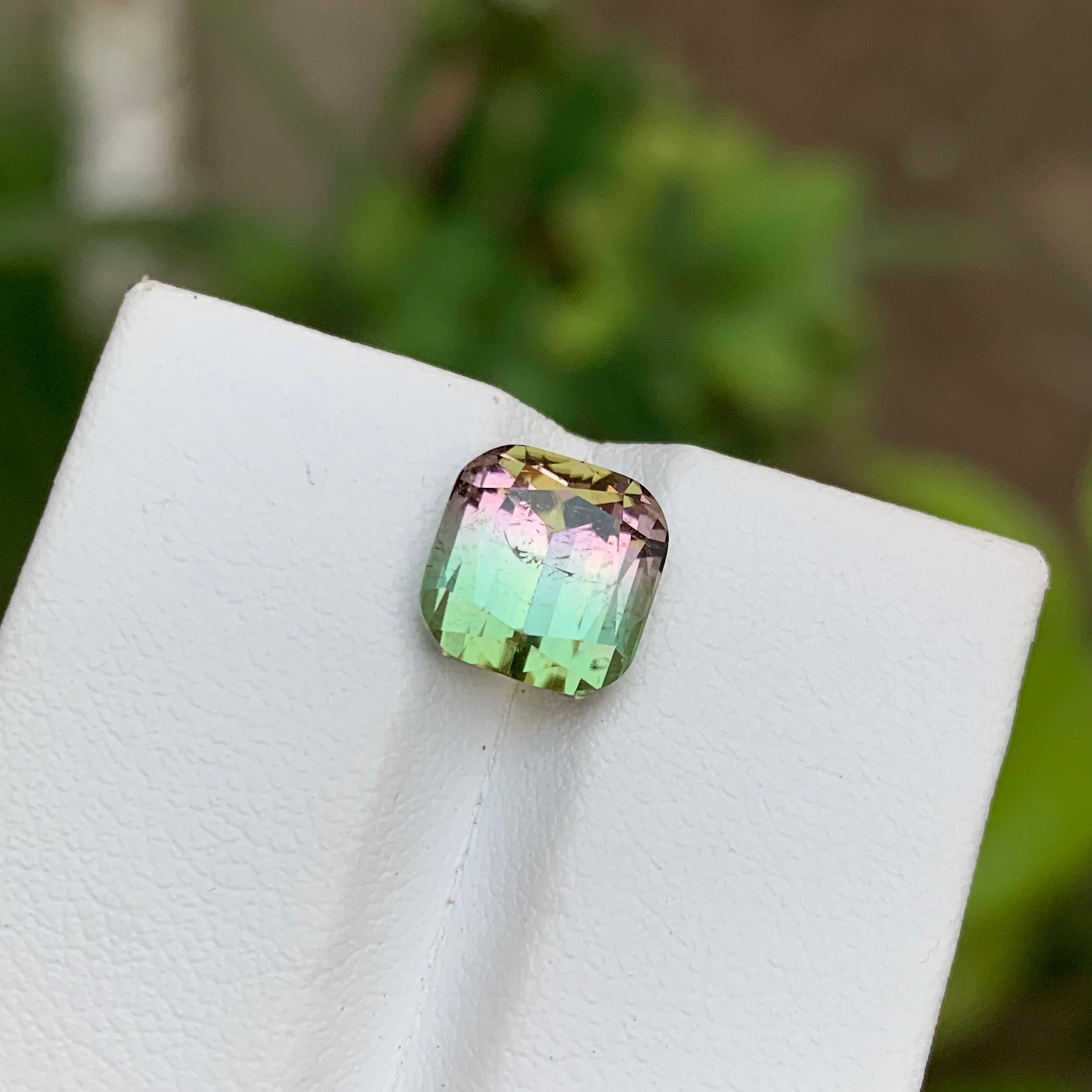 Contemporary Green & Pink Watermelon Bicolor Natural Tourmaline Ring Gemstone 3.65 Ct Cushion For Sale