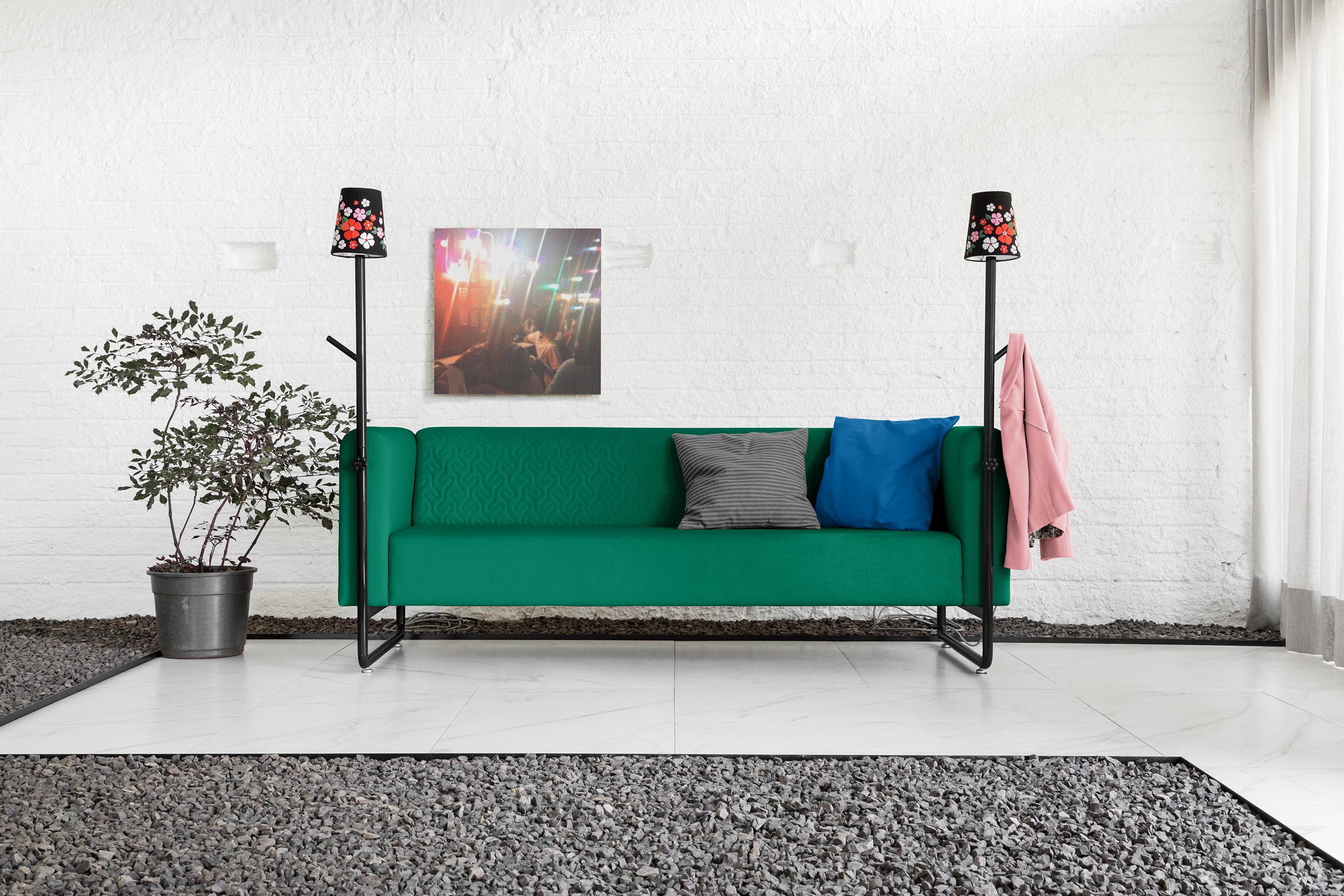 Quilted Green PK9 Sofa, Seat & Lamp Hybrid, Handmade Metal Structure by Paulo Kobylka For Sale