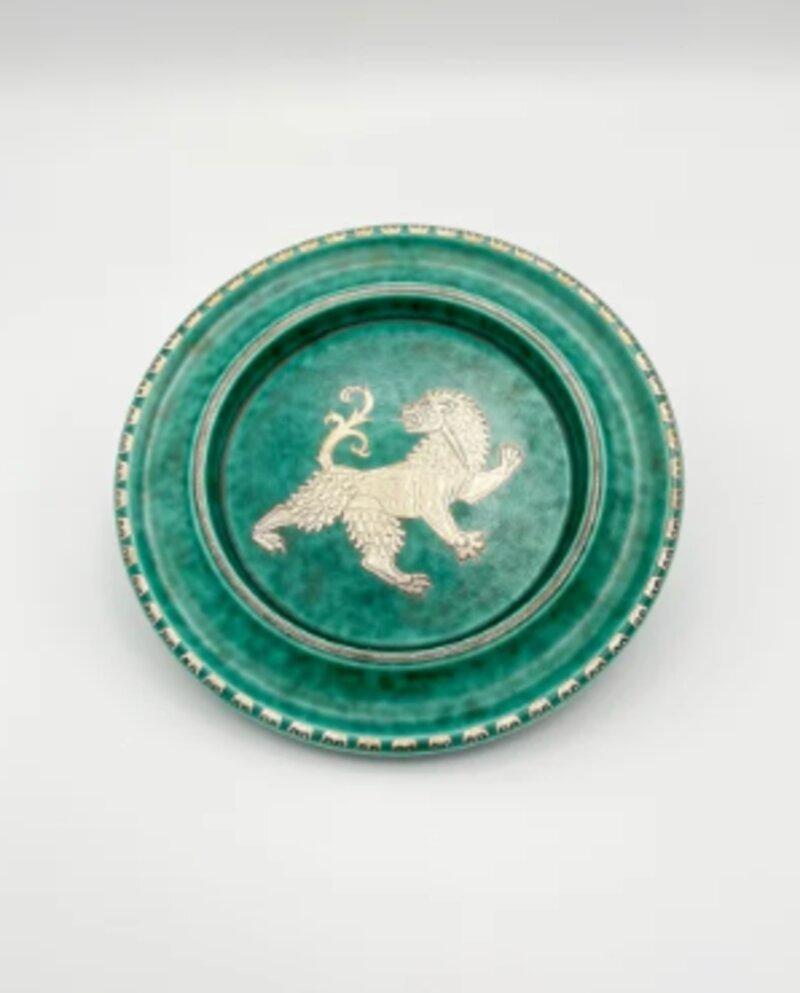 Swedish Green Plate With Mythic Creature by Wilhelm Kåge For Sale