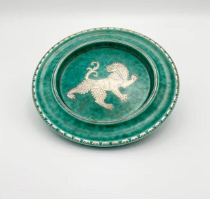 Glazed Green Plate With Mythic Creature by Wilhelm Kåge For Sale