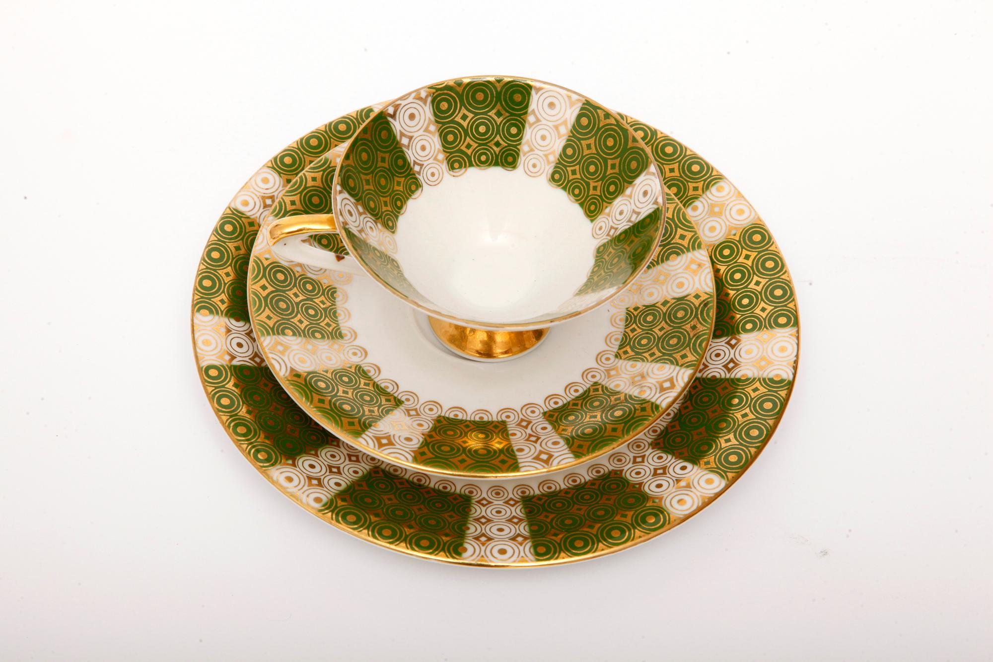 Hand-Painted Green Porcelain Breakfast Set, Bavaria, Germany, Mid-Century Modern, 1950s For Sale
