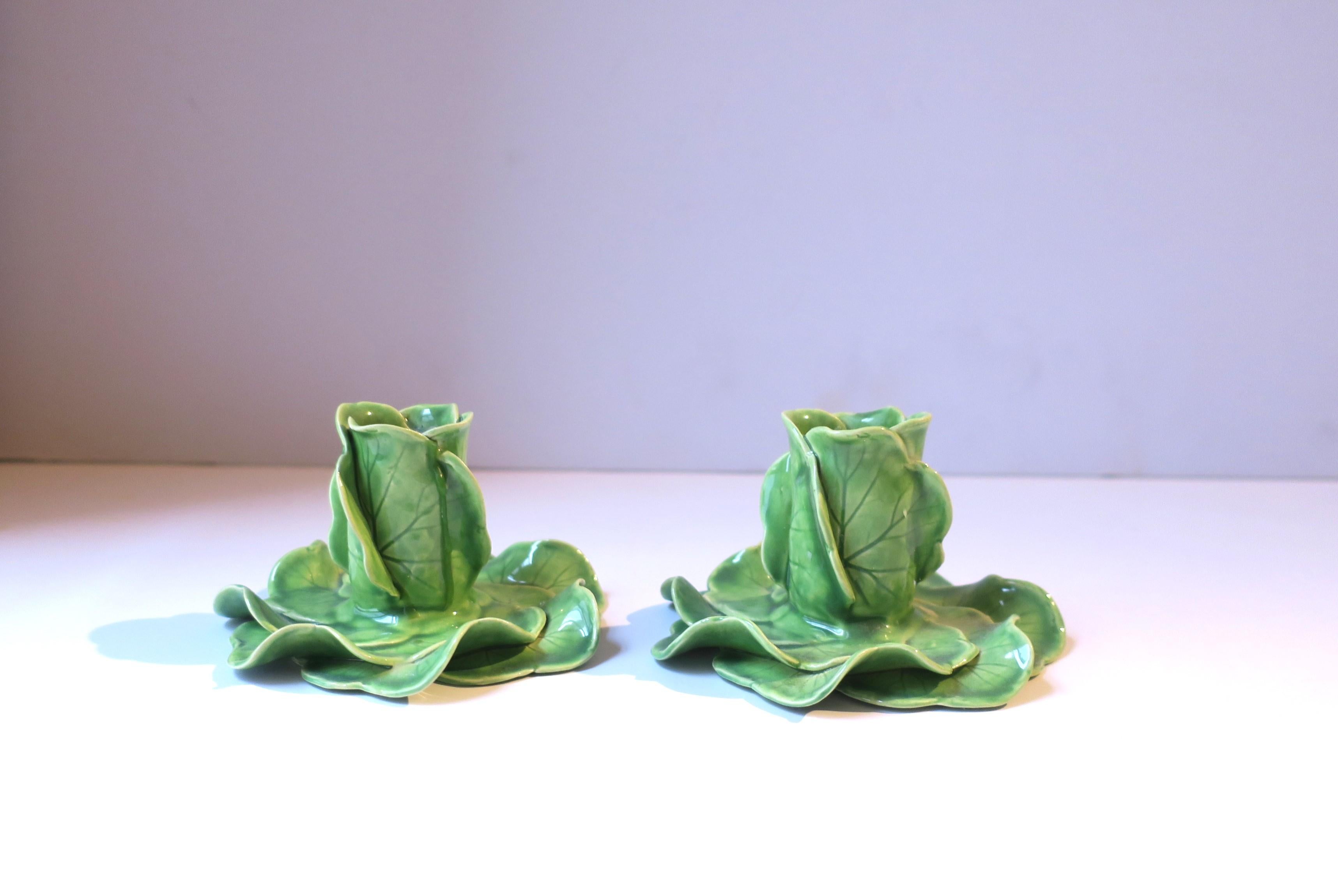 Australian Green Porcelain Lettuce Leaf Candlestick Holders Styled After Dodie Thayer