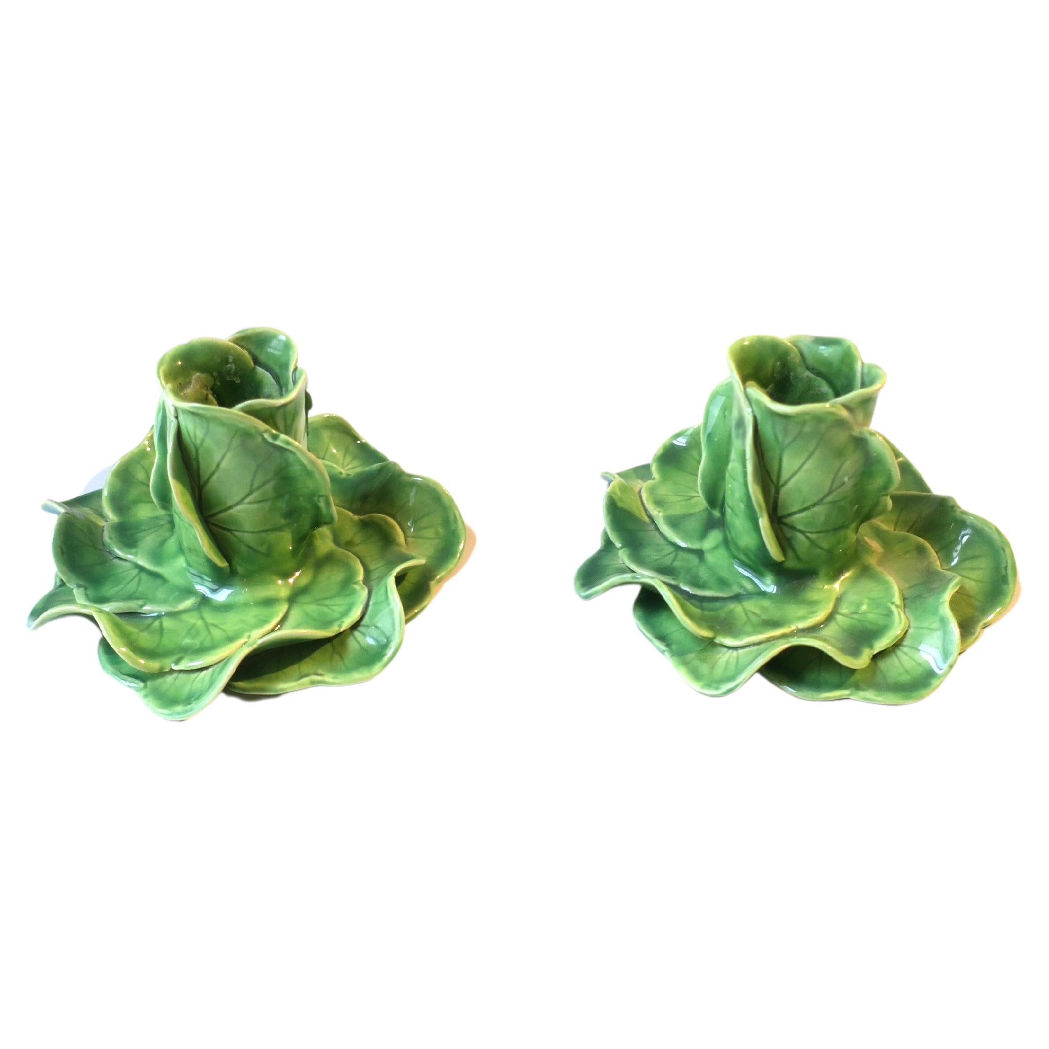 Glazed Green Porcelain Lettuce Leaf Candlestick Holders Styled After Dodie Thayer