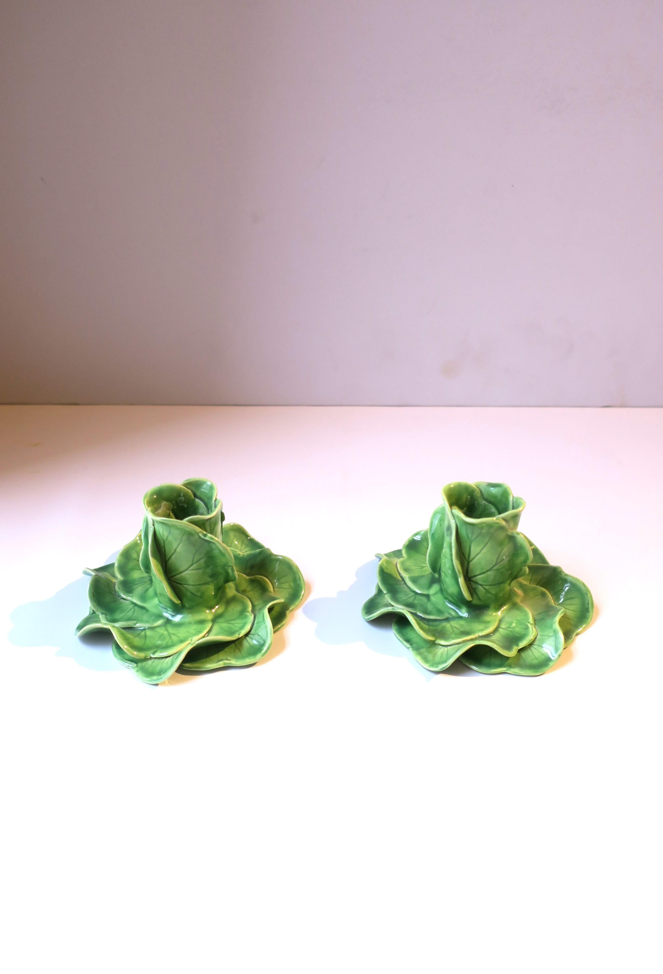 Green Porcelain Lettuce Leaf Candlestick Holders Styled After Dodie Thayer In Good Condition In New York, NY