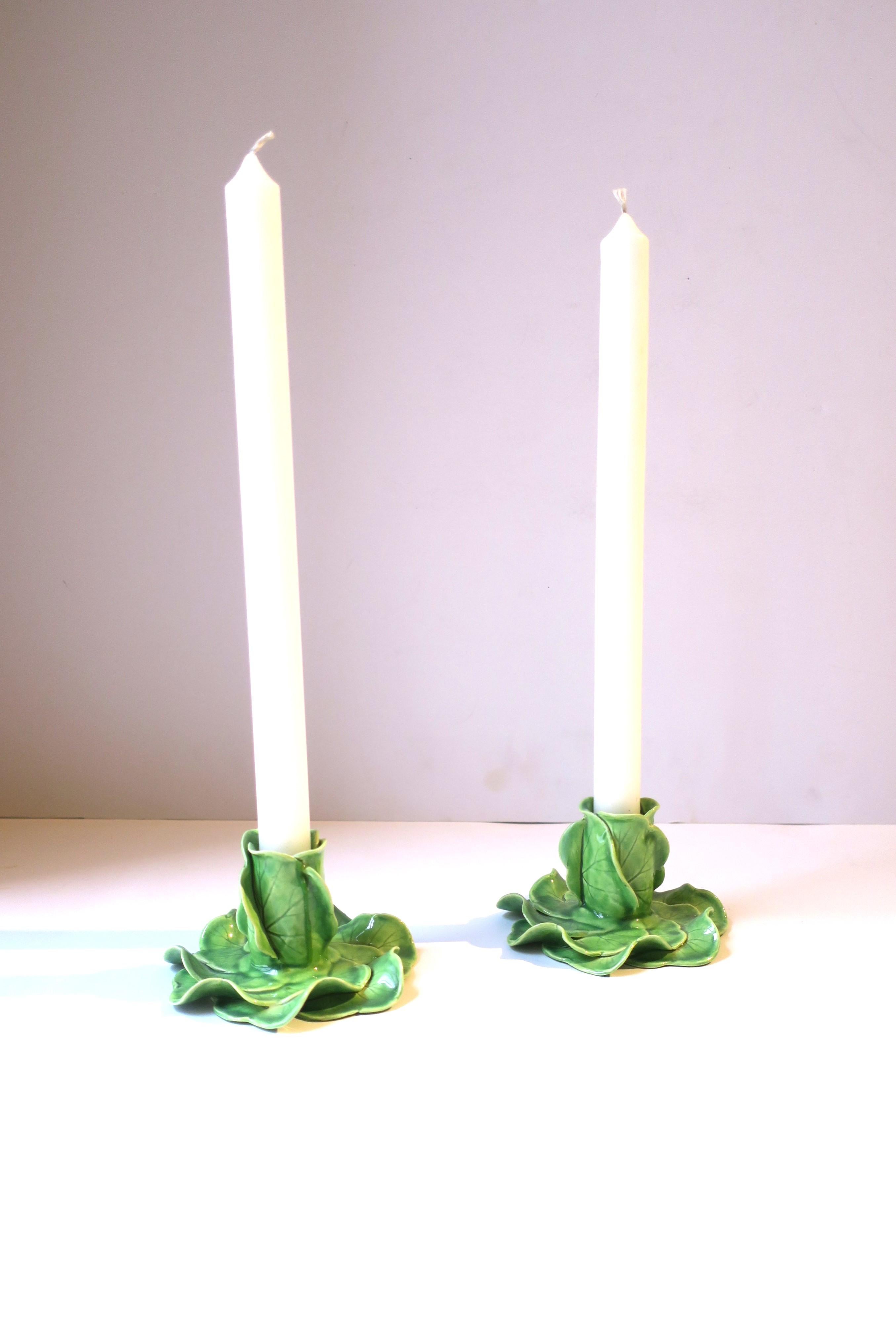 20th Century Green Porcelain Lettuce Leaf Candlestick Holders Styled After Dodie Thayer
