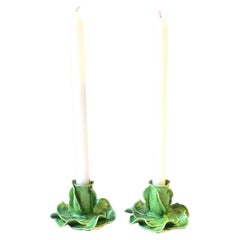 Vintage Green Porcelain Lettuce Leaf Candlestick Holders Styled After Dodie Thayer