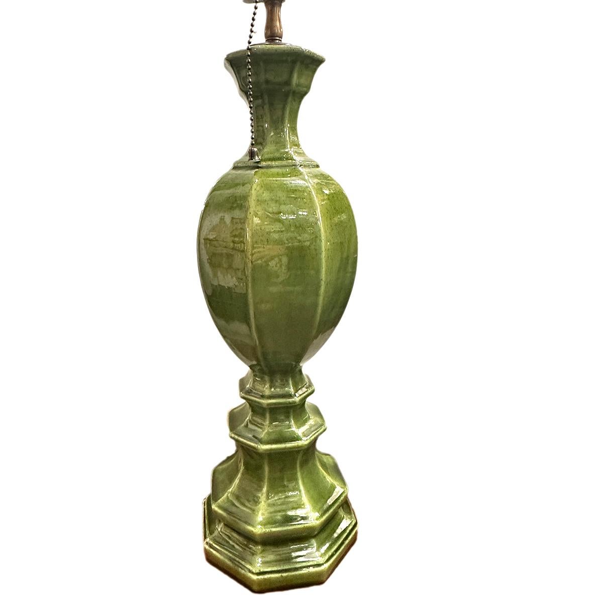 A circa 1960s Italian green glazed porcelain lamp.

Measurements:
Height of body: 18?
Height to shade rest: 28? (adjustable)
Diameter: 6?.