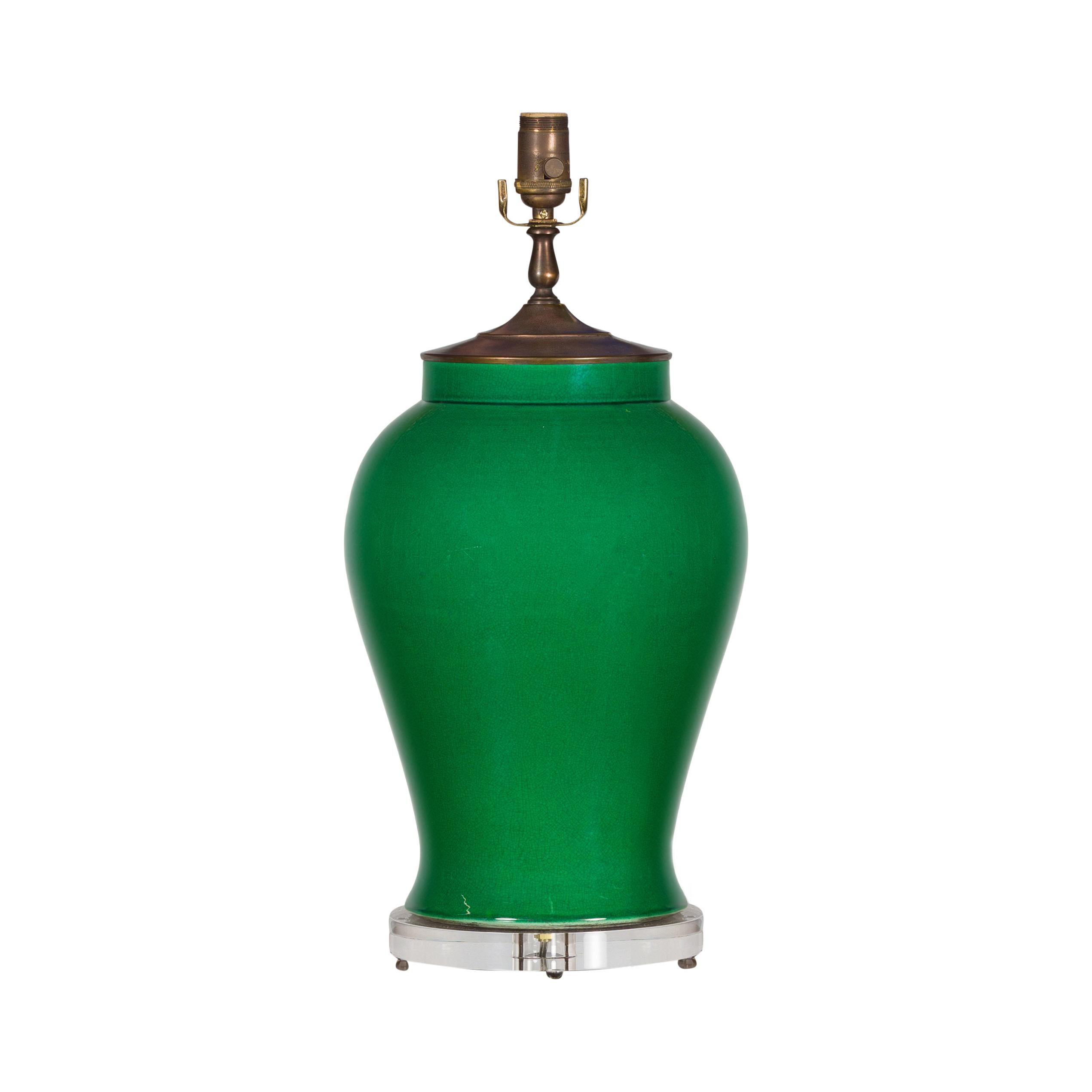 Green Porcelain Table Lamp with Discreet Crackle Finish on Lucite Base For Sale 8