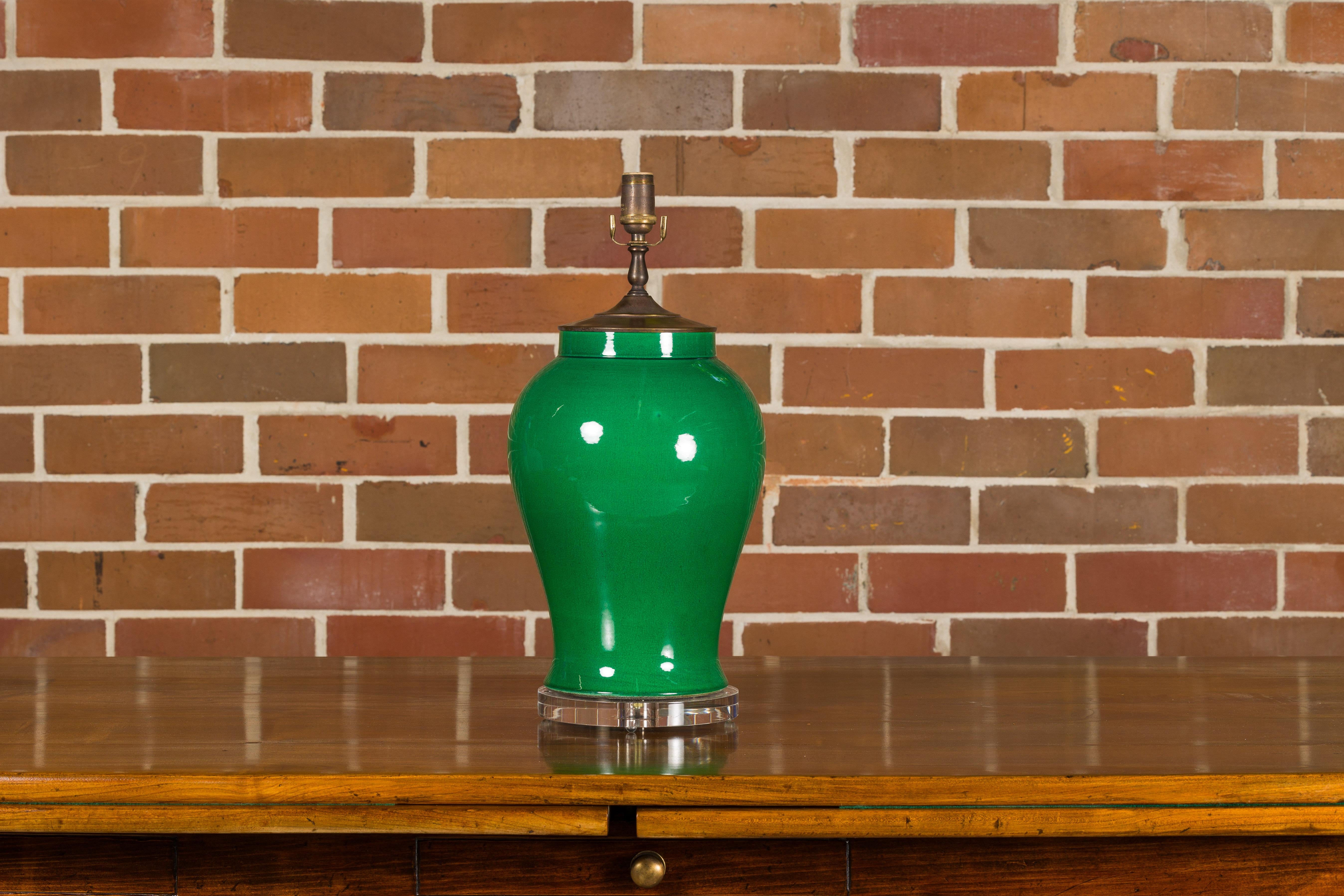 Contemporary Green Porcelain Table Lamp with Discreet Crackle Finish on Lucite Base For Sale