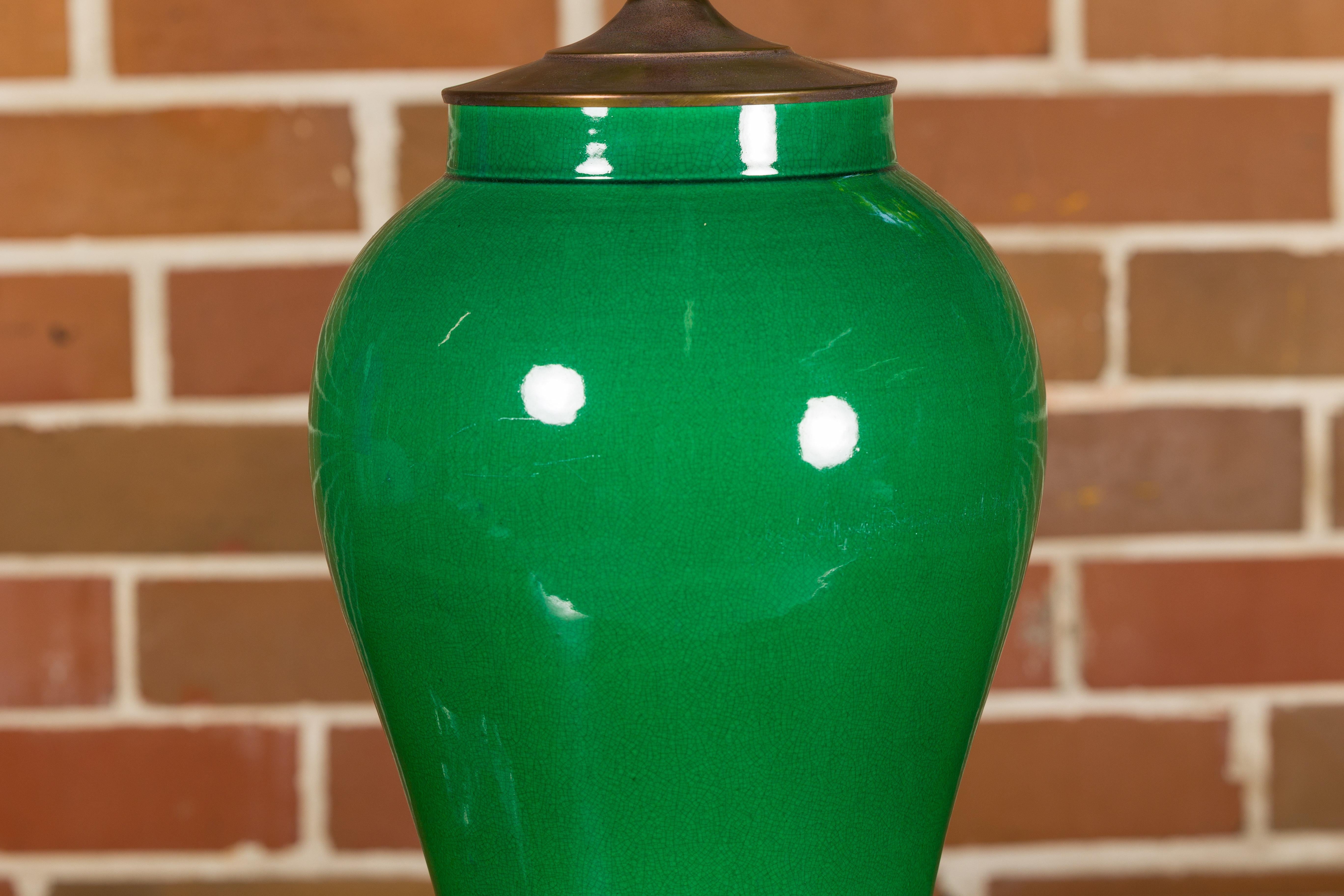 Green Porcelain Table Lamp with Discreet Crackle Finish on Lucite Base For Sale 4