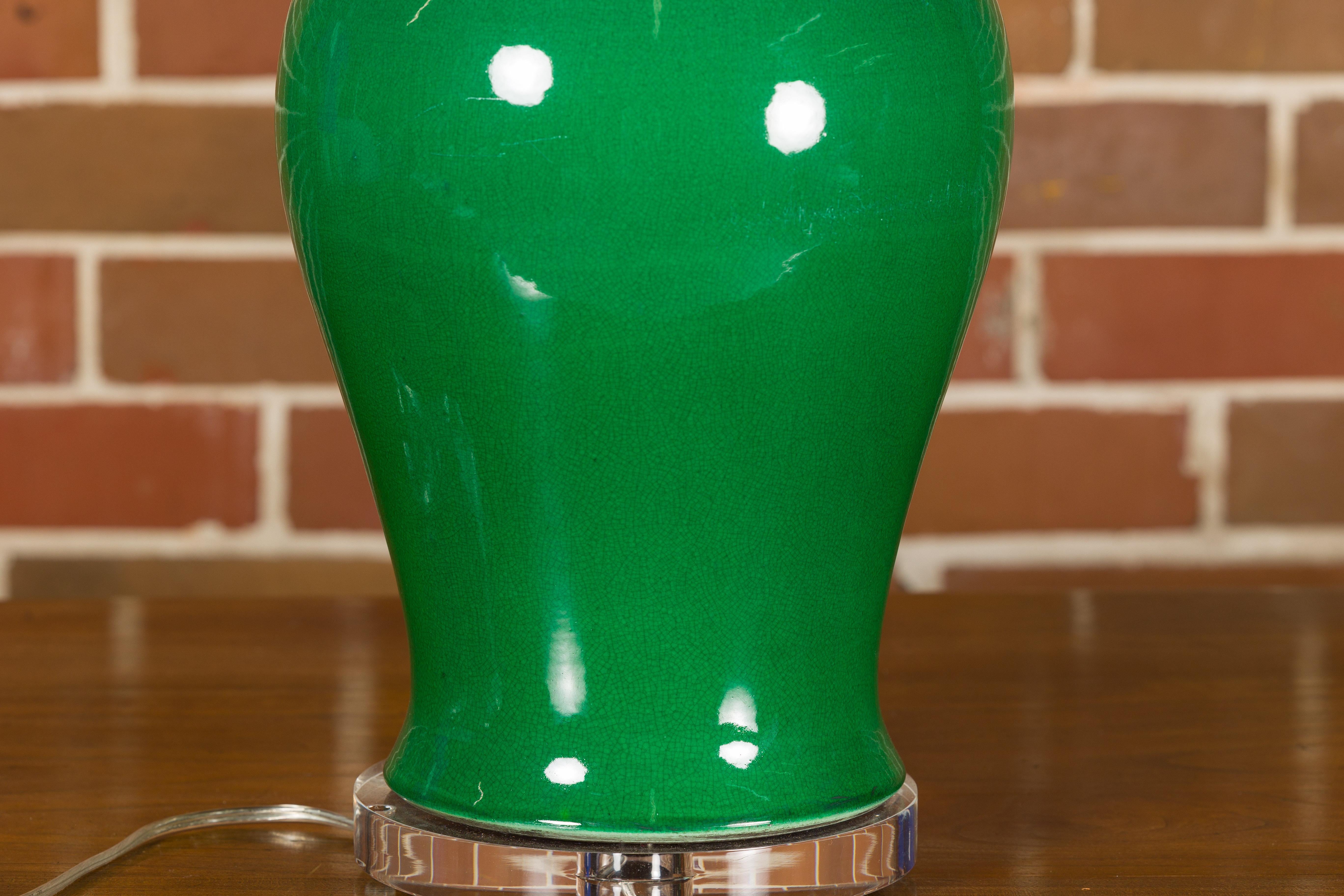 Green Porcelain Table Lamp with Discreet Crackle Finish on Lucite Base For Sale 5