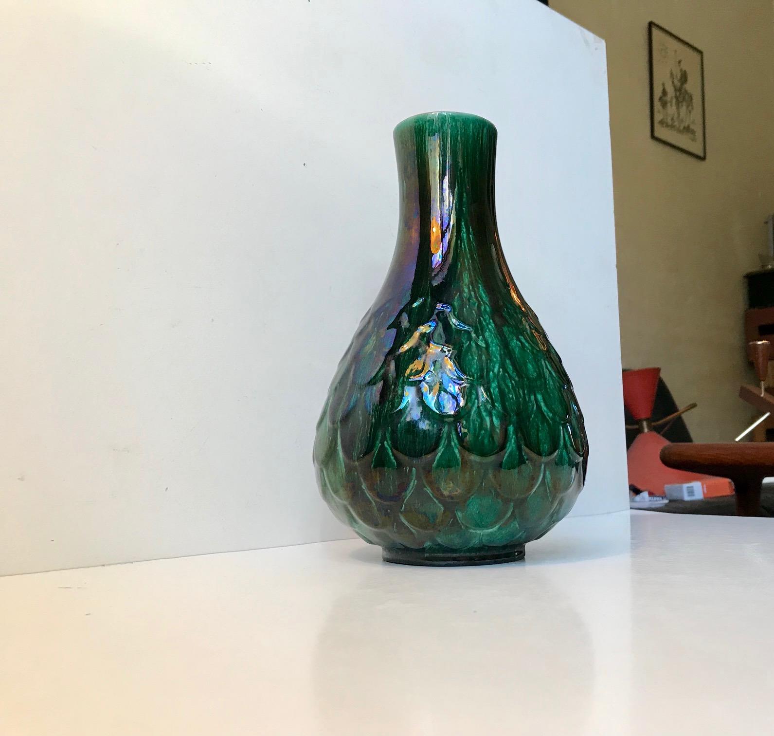 Swedish Green Pottery Vase with Dragon Scales by Vicke Lindstrand for Ekeby, 1940s