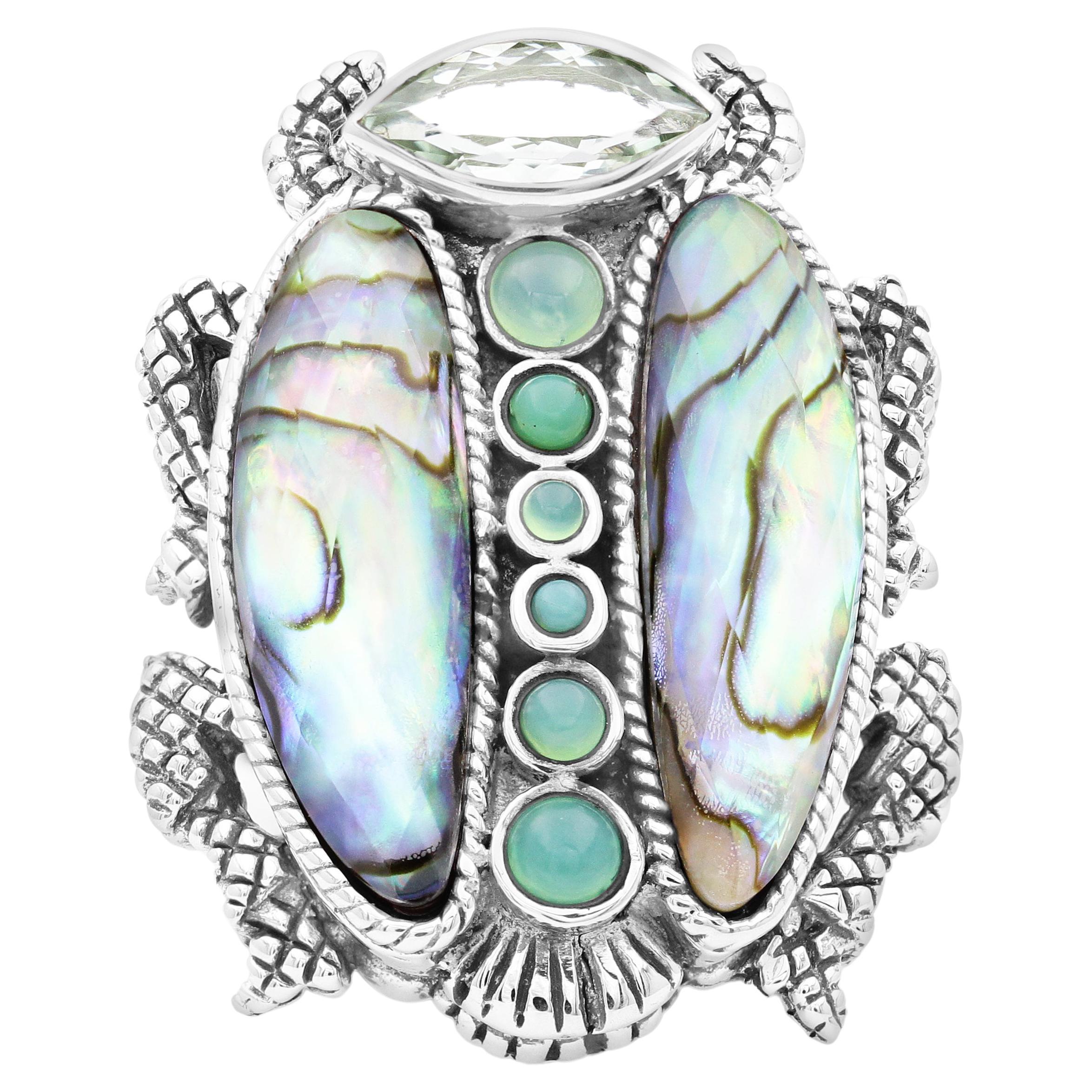 Anello in argento sterling Greene & Greene & Greene & Greene & Greene & Crisoprasio, quarzo naturale e scarabeo di Albalone in vendita