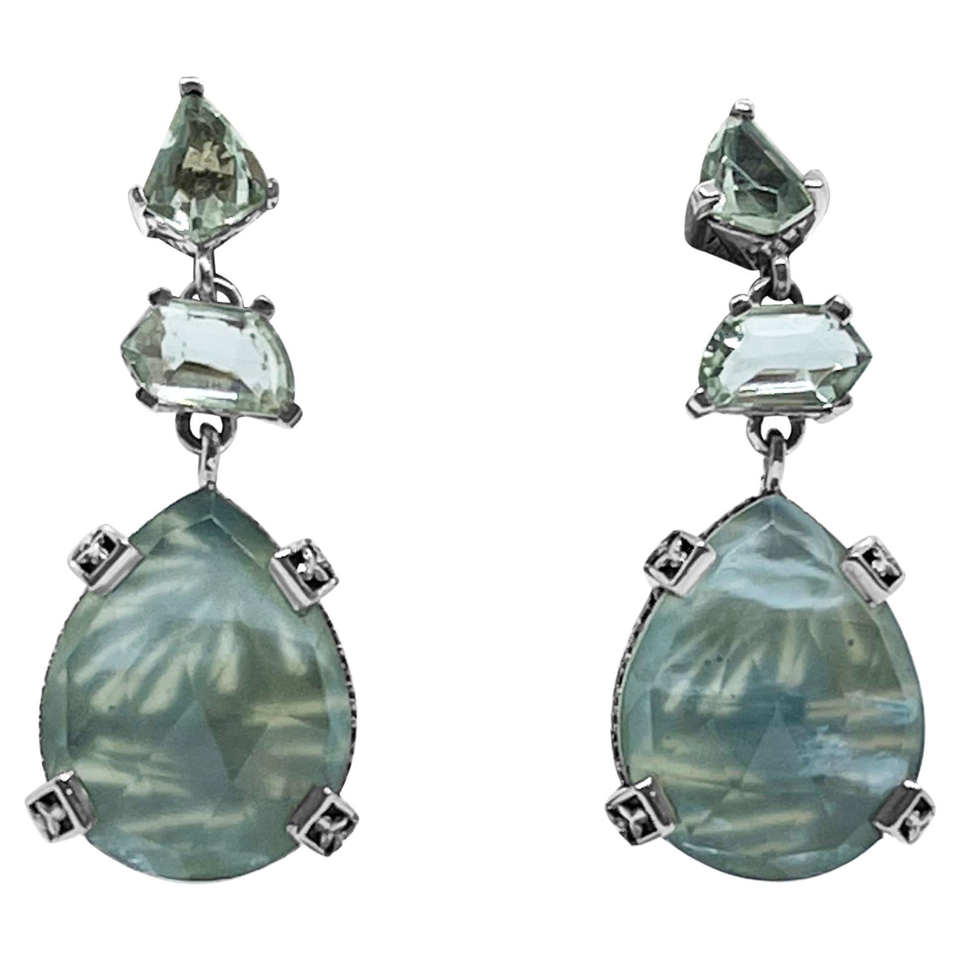 Green Prasiolite Natural Quartz Mother of Pearl and Green Serpentine Jade Earrin For Sale