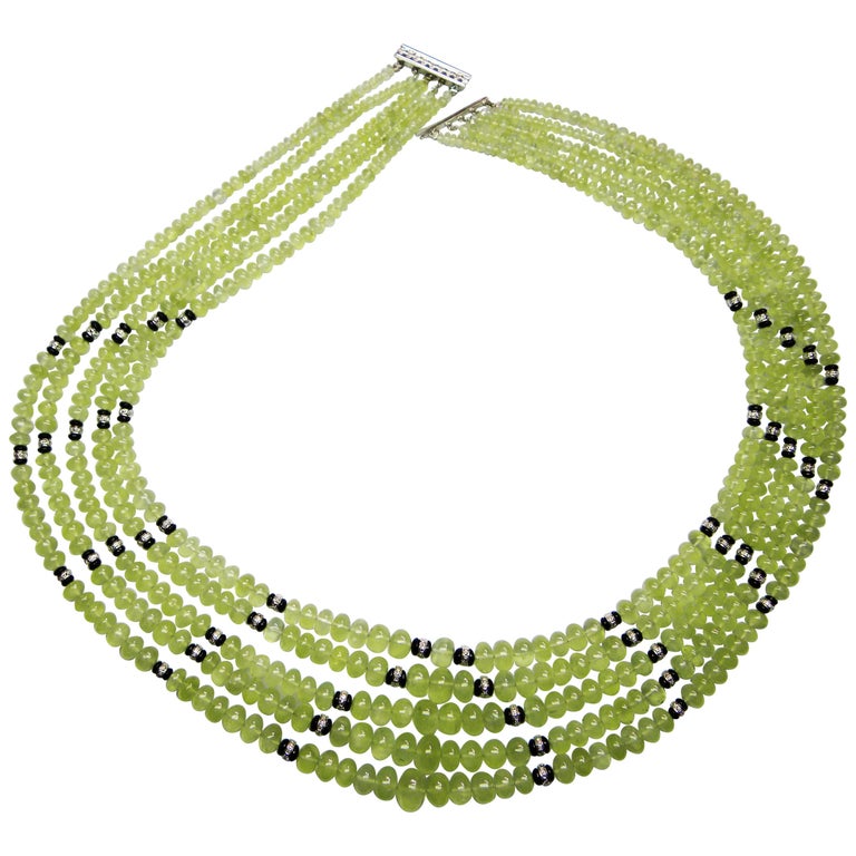 Green Prehnite Beads and White Diamond Clasp Gold Multi-Strand Necklace For Sale